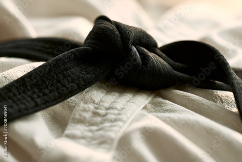 Black belt knotted on white gi fabric. 64k 8k widescreen, HDR