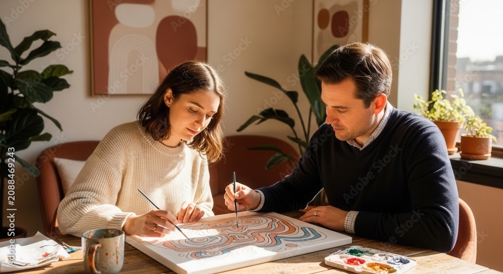 Fototapeta premium Couple painting together, enjoying creative hobby, indoor activity, warm natural light, modern decor