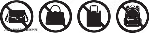 Set of black and white vector graphic prohibition signs showing various styles of forbidden bags for public security safety rules