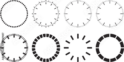 Set of eight minimalist clock face markers featuring varied tick patterns rendered as a clean black and white vector illustration