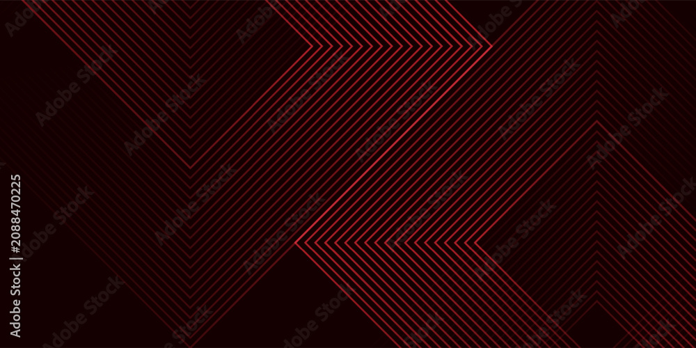 Naklejka premium Abstract red neon arrow light glow background. Futuristic cyber laser line motion banner for casino. Dynamic techno perspective beam 3d graphic design. Cool party power and energy boost led tunnel
