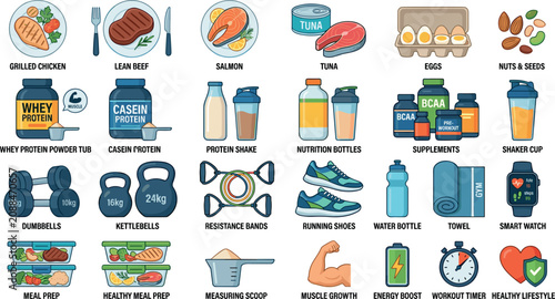 Fotografie Bodybuilding Nutrition and Gym Workout Fitness Icon Set Featuring Whey Protein S