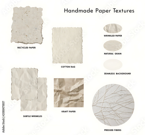 Set of organic handmade paper textures. Samples with plant fibers, torn edges, crumpled kraft, folds and grain