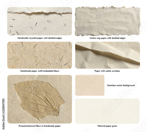 Set of organic handmade paper textures. Samples with plant fibers, leaf print, torn edges, folds and grain
