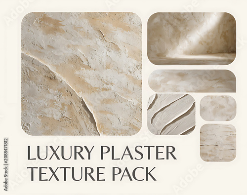 Set of premium decorative plaster textures. Collection of beige samples with relief strokes, marble effect, porous clay