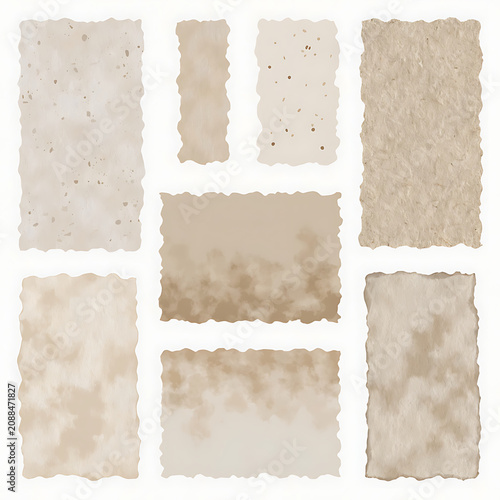 Set of vintage handmade kraft paper cards. Pieces with torn wavy edges, watercolor stains and fibers