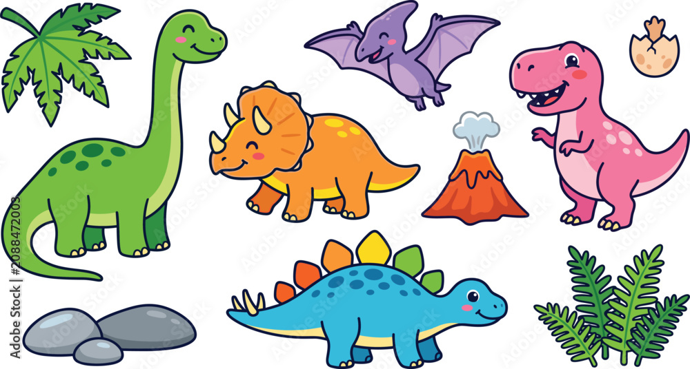 Obraz premium Cute Dinosaur Collection with Brachiosaurus Triceratops Tyrannosaurus Stegosaurus Pterosaur Volcano Palm Tree and Prehistoric Nature Vector Illustration Set