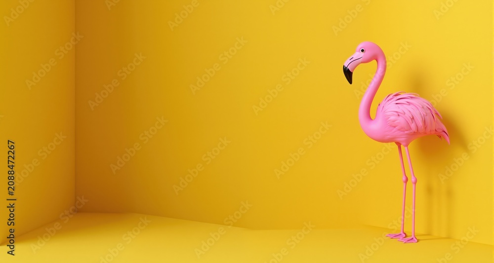 Fototapeta premium Pink flamingo in the corner of empty yellow wall background 3D Rendering, 3D Illustration 