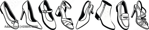 Foto Women shoes icon set, fashion footwear collection, high heels pumps line art vec