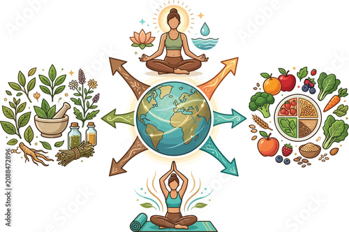 Earth serves as a central point for balancing holistic wellness practices, including meditation and healthy nutrition.
