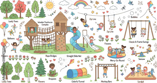 Photography Cute Kids Playground and Wooden Treehouse Complex Element Set Featuring Zipline