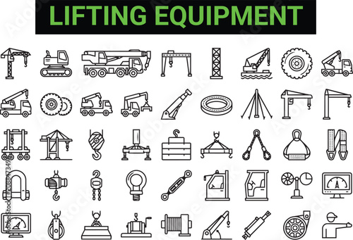Bild auf Leinwand Lifting Equipment Icons Set with Mobile Crane Construction Truck Hook Hoist Carg