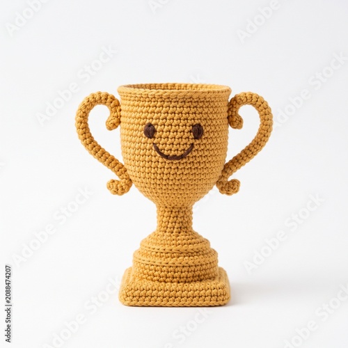 Handmade crochet championship trophy featuring cheerful embroidered smile realistic product photography.