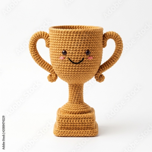Handmade crochet championship trophy featuring cheerful embroidered smile realistic product photography.