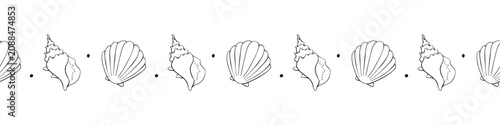 Edging, ribbon, border from Black outline seashell icons in doodle style. Decorative element, divider, edge decoration on theme of Beach holiday, kids design
