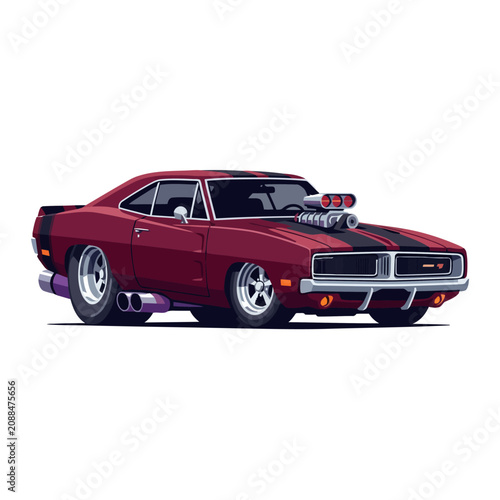 Red Vintage Muscle Car with Supercharger and Dual Exhaust