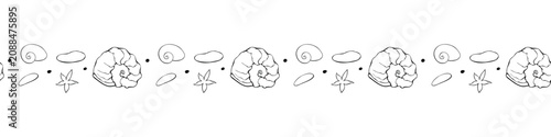 Edging, ribbon, border from Black outline seashell icons in doodle style. Decorative element, divider, edge decoration on theme of Beach holiday, kids design