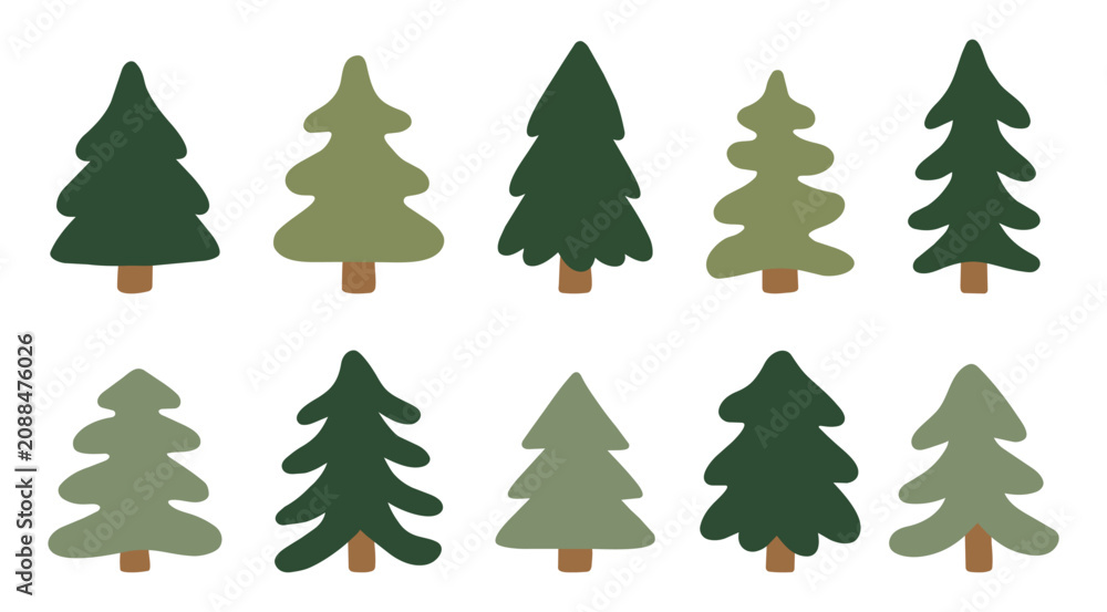 Obraz premium Minimal christmas tree set icon with simple spruce, pine and fir silhouettes. Hand drawn forest clip art. Perfect for simple Christmas decor, winter prints and woodland design