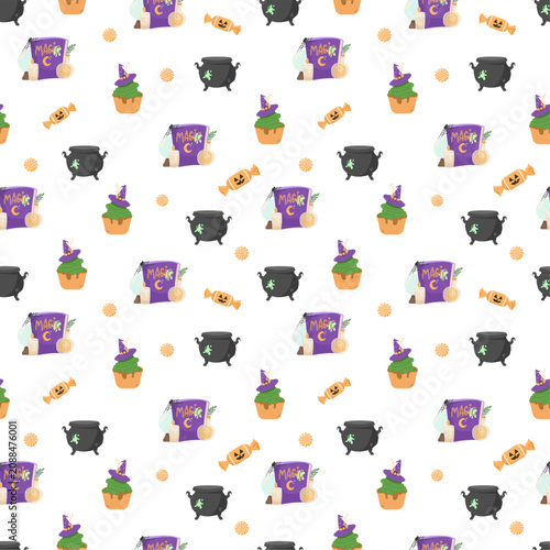 Cute Halloween Magic and Sweets Seamless Pattern, Kawaii Spooky Cupcakes, Witch Cauldron and Spell Book Background, Festive Autumn Vector for Kids Fabric, Gift Wrap, Party Decor