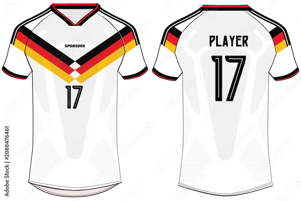 Fototapeta premium Sports t-shirt football jersey design flat sketch illustration, German Football jersey concept with front and back view for Soccer uniform kit