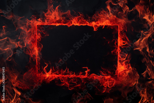 A rectangular frame made of intense flames against a black backdrop.