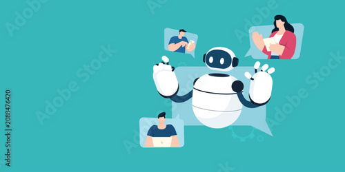 Foto Cute white AI robot helping three people online