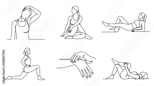 Minimalist Continuous Line Art Collection Illustrating Various Stretching Exercises and Recovery Techniques for Flexibility and Wellness