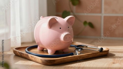 A pink piggy bank sits on a wooden tray alongside a blue stethoscope, symbolizing healthcare savings.Saving money for medical needs or future planning.
