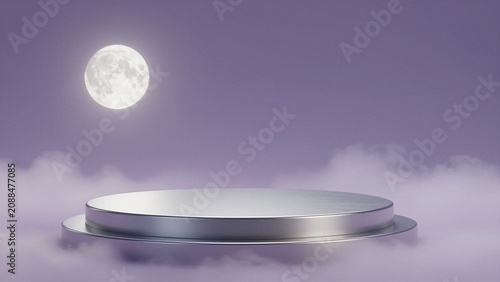 A metallic podium stands on a cloud-covered surface under a large full moon. Product display