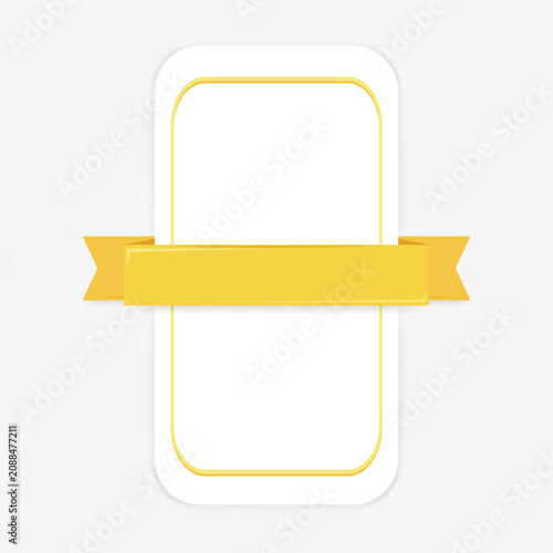 Rectangular vertical tag, banner, blank, label, with yellow copy space decorative ribbon. Minimalist vector illustration, isolated. Empty, high key, soft shadow. Announcement, event, celebration.