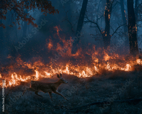 a roe deer runs away from a forest fire