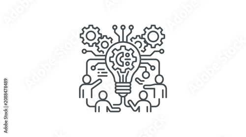Clean Minimalist Black and White of Innovation Technology and Team Collaboration with Gear and Lightbulb