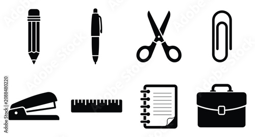 office icons, stationery icons, business icons, school supplies icons, office supplies, workspace icons, desk accessories, corporate icons, vector icons, icon set, pencil icon, pen icon, scissors icon
