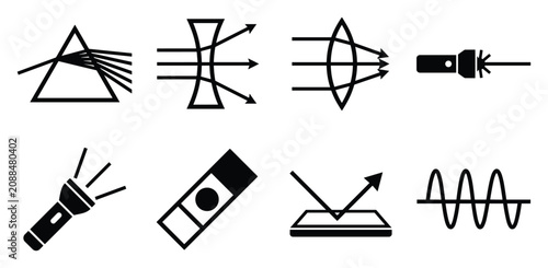 Physics and optics vector icon set with light refraction prism concave convex lens laser beam flashlight wave spectrum reflection diagram black glyph symbols isolated on white