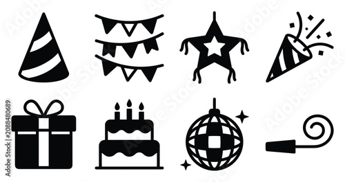 Birthday party and celebration vector icon set with party hat bunting garland pinata confetti popper gift box cake candles disco ball and party blower black glyph symbols