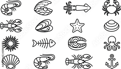 Foto Fresh seafood market and marine life line icon set with shrimp crab lobster and