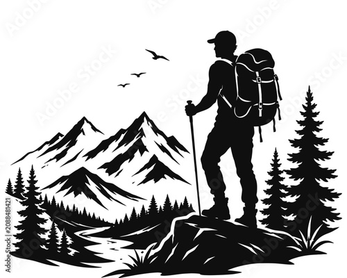Hiker standing on mountain peak looking at landscape vector illustration