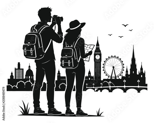 Travelers looking at London city skyline map vector illustration
