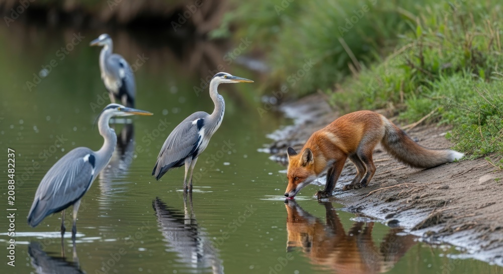 Fototapeta premium Red fox drinks water near grey herons by the riverbank