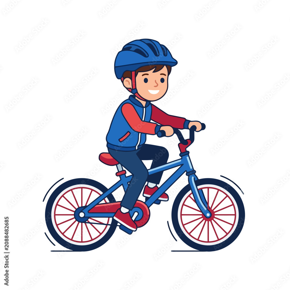 Fototapeta premium Dynamic of a Smiling Child Riding a Blue and Red Bicycle with Protective Helmet with high quality professional line art symbols for modern creative design and digital branding projects