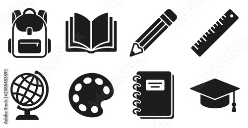 Education and school vector icon set with backpack open book pencil ruler globe paint palette notebook graduation cap flat black glyph symbols isolated on white background