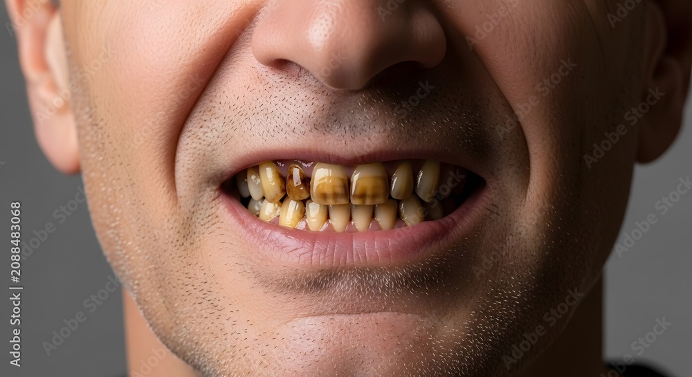 Fototapeta premium Close up of a man's face with severely decayed and stained teeth