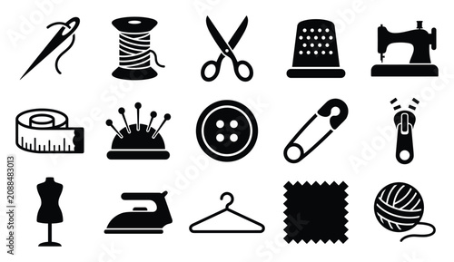 Sewing and tailoring vector icon set with needle thread scissors thimble sewing machine measuring tape buttons safety pin iron mannequin hanger fabric yarn flat black glyph symbols