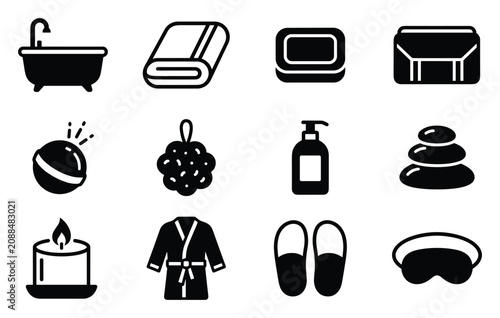 Spa and wellness glyph vector icon set including bathtub towel soap dispenser massage table hot stones candle bathrobe slippers eye mask black symbols isolated on white