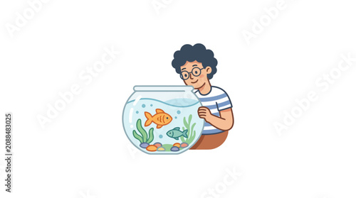 Clean of a Person Observing a Colorful Home Aquarium with Fish and Plants with high quality professional line art symbols for modern creative design and digital branding projects