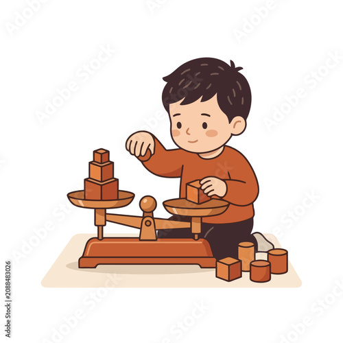 Clean of a Child Playing with Wooden Balance Toy and Building Blocks with high quality professional line art symbols for modern creative design and digital branding projects