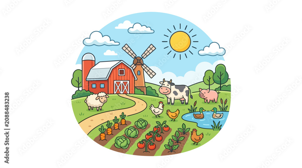 Fototapeta premium Cheerful Animals and Insects in a Vibrant Countryside Landscape, Illustrated in a Colorful Graphic Style