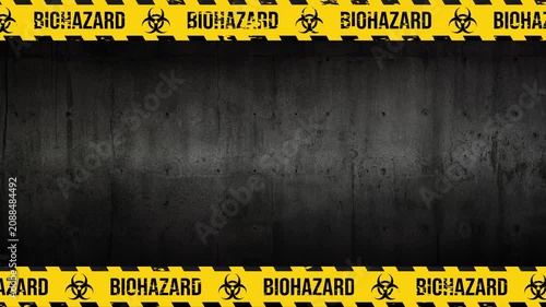 Looping Industrial Biohazard Warning Tape Border Animation with Hazard Text on Dark Metal Grunge Wall 4K 60 fps