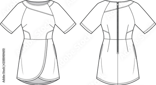 Quadro su tela Technical flat sketch of short sleeve tunic dress with asymmetrical seams, fitte