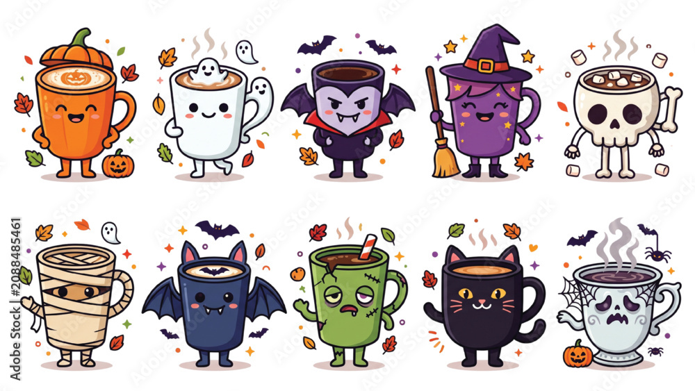 Obraz premium Cute Halloween Coffee Cup Monsters Vector Collection Adorable Cartoon Beverage Characters Flat Illustration